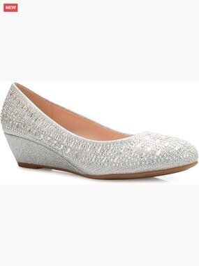 Low Wedge Glitter Rhinestone Comfort Flats with Cushioned Sole